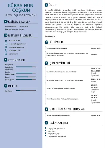 Biyoloji Öğretmeni CV Örnekleri cv indir